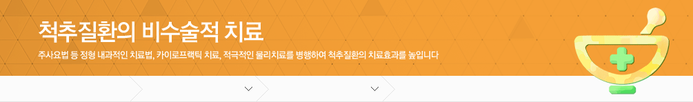 척추질환의 비수술적 치료 주사요법 등 정형 내과적인 치료법, 카이로프랙틱 치료, 적극적인 물리치료를 병행하여 척추질환의 치료효과를 높입니다	