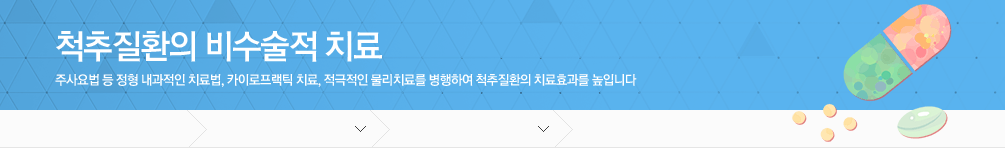 척추질환의 비수술적 치료 주사요법 등 정형 내과적인 치료법, 카이로프랙틱 치료, 적극적인 물리치료를 병행하여 척추질환의 치료효과를 높입니다	